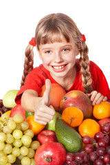 Fototapeta na wymiar Child girl with group of fruit.