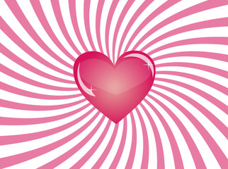vector image of the abstract background  with the shiny  red heart  and the red swirled rays