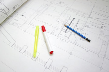 Pen and pencil on the opening floor plan drawing.