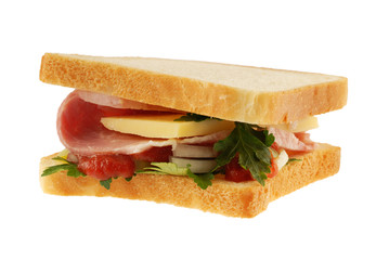 sandwich on white, bread, meat, greens, ketchup
