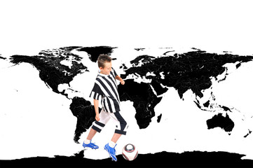 Young footballer with ball and world map on background