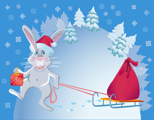 Rabbit with Santa Claus hat drives a sack with gifts