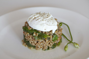 Poached egg on wheat grains with spinach