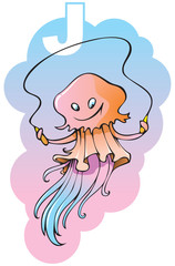 Children alphabet: letter J, jellyfish and jumping-rope