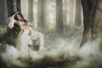 gorgeous lady in a mysterious foggy forest