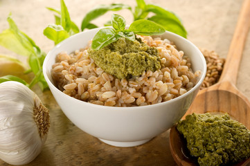 spetl with pesto- farro al pesto