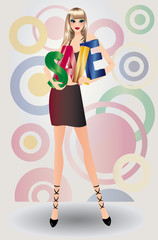 Blonde girl with letters of a word SALE in 3D image. vector