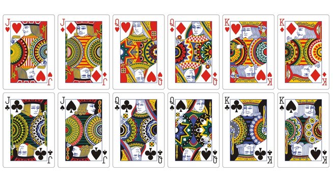 King, Queen and Jack playing cards (coloured wood engraving)