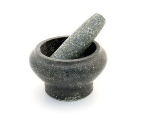 Grey granite mortar over white background