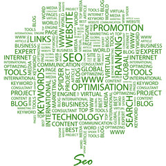 SEO. Word cloud concept illustration.