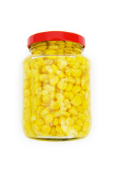 Sweet corn in glass jar isolated on white