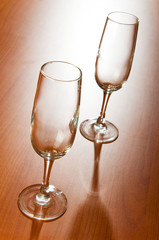 Wine glass on the wooden table