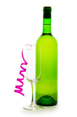 Bottle of wine and glass with streamer on white