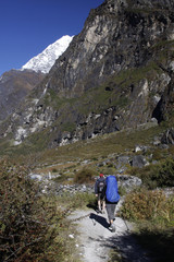 Fototapeta na wymiar Trekkers walking in the Langtang Valley.