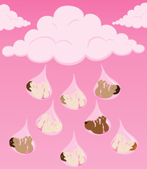 Baby shower of baby girls falling from raindrops