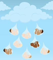 Baby shower of baby boys falling from raindrops
