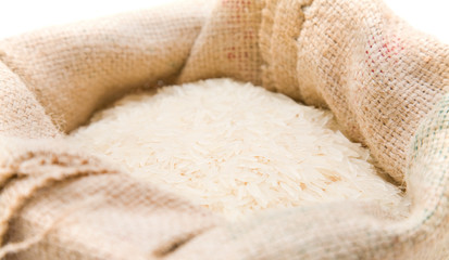fine long-grained basmati rice in a burlap sack