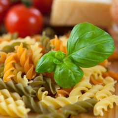 Raw pasta and fresh basil