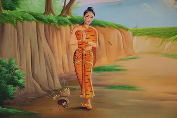 Fototapeta na wymiar art painting on wall of Wat Nong Don, Borabue, Mahasarakam