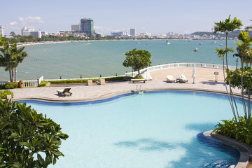 Swimming pool on a sunny day.Pattaya city in Thailand .