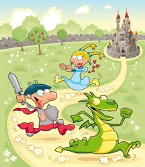 Wall murals Castle Dragon, Prince and Princess with background. Vector scene.