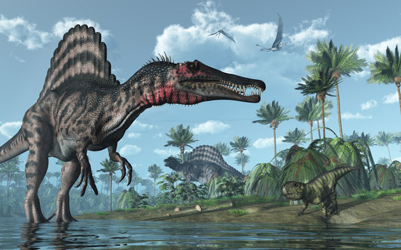 Fototapeta Prehistoric scene with Spinosaurus and Psittacosaurus Dinosaurs