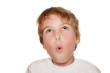 child in white photography studio, amazement. ring flash