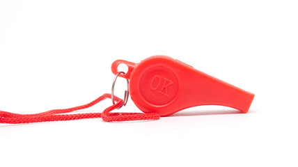 red whistle with a rope on a white background