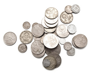 Various coins of the ancient sample on a white background