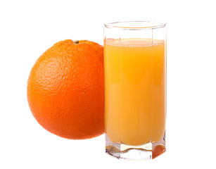 Glass of fresh orange juice with ripe orange