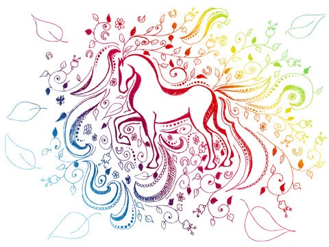 abstract floral sketchy doodle rainbow background with horse