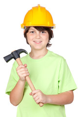 Beautiful child with yellow helmet and hammer