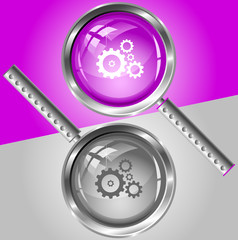 Gears. Vector magnifying glass.