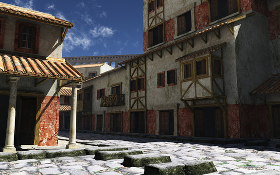 Ancient Roman Street with distant aqueduct