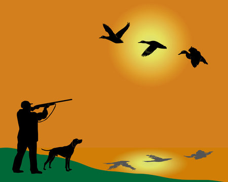 Silhouette of the hunter of ducks with a dog