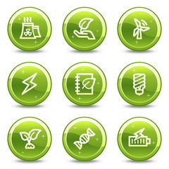 Ecology web icons set 5, green glossy circle buttons series