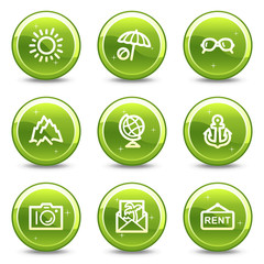 Travel web icons set 5, green glossy circle buttons series