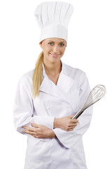 blond woman with chef dress