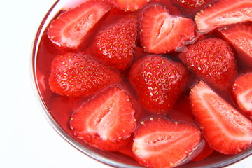 Jelly with strawberries in close up