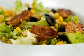 Roasted chicken breast with lettuce vegetables and olives