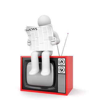 Man readng a newspaper sitting on TV