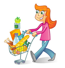 A woman pushing a basket while shopping in the grocery store