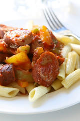 Turkey Sausage and Peppers over Pasta