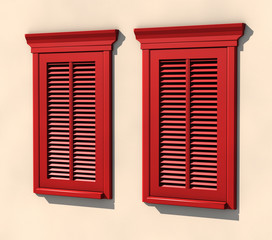 Two red windows in strong summer light