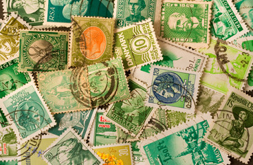collection of green old postage stamps