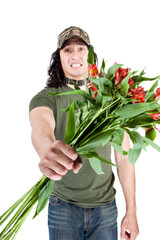 Shy man with flowers