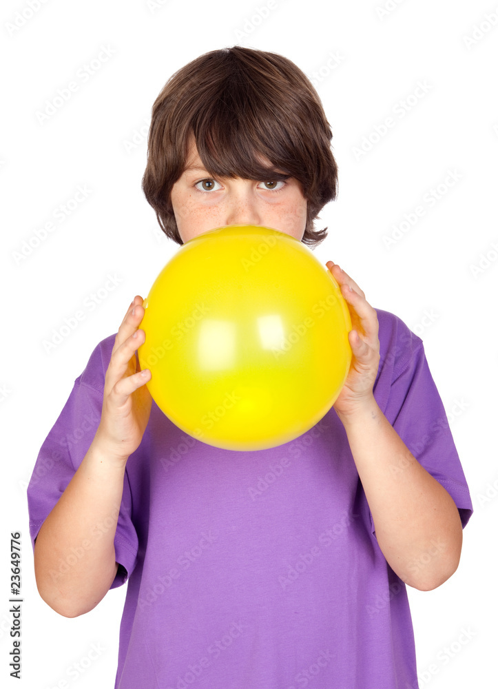 Canvas Prints funny boy blowing up a yellow balloon