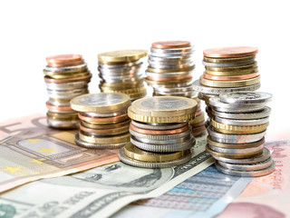 Currencies over white background