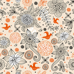 Flower summer pattern and birds