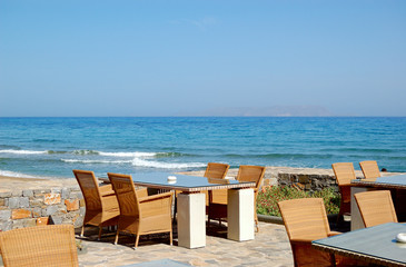 Sea view relaxation area of luxury hotel's restaurant, Crete, Gr